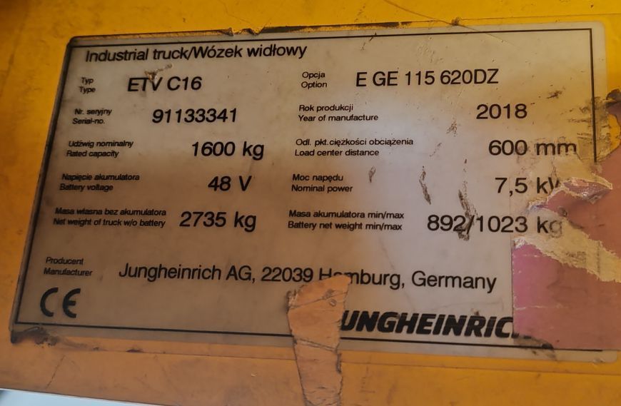 Použit&aacute; manipulačn&aacute; technika Jungheinrich ETV C16 / 2018y/ 6586mh/ 6.2m &mdash; Booster Lift